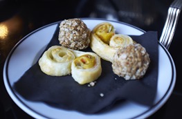 Pumpkin and Goats Cheese Palmiere and a Haggis Bonbon